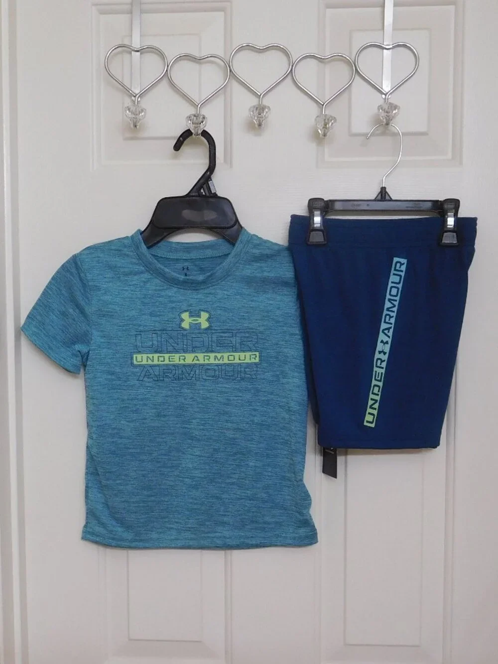 NWT 2pc Under Armour Blue Haze Green Logo Shirt & Blue Shorts Set sz 4